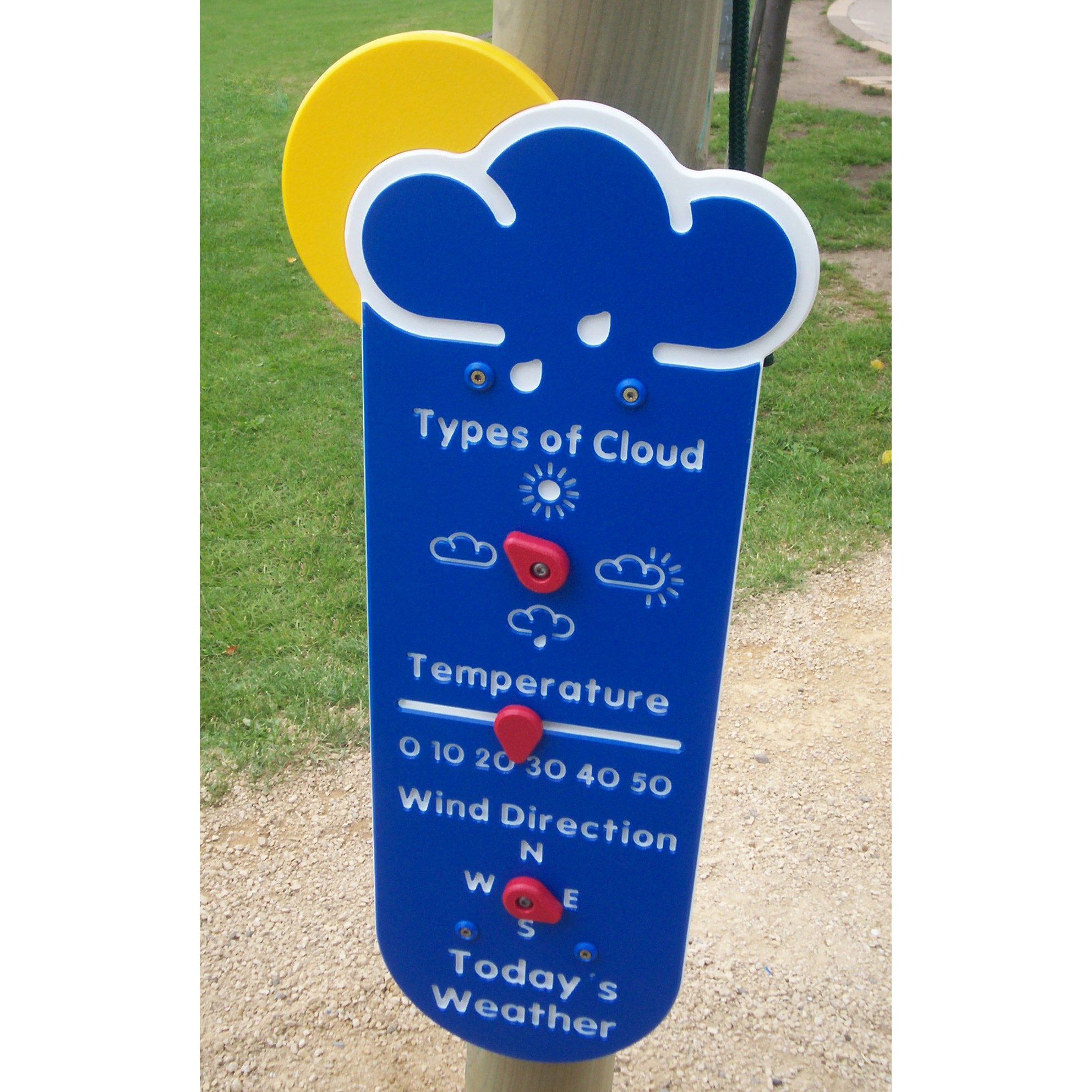 Blue playground weather panel with knobs to indicate types of cloud, temperature, and wind direction, standing on a dirt path next to grass.
