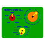 A colourful date chart with moveable arrows indicating Monday, July, and the 10th day; days, months, and dates are labelled in different colours on a green background.