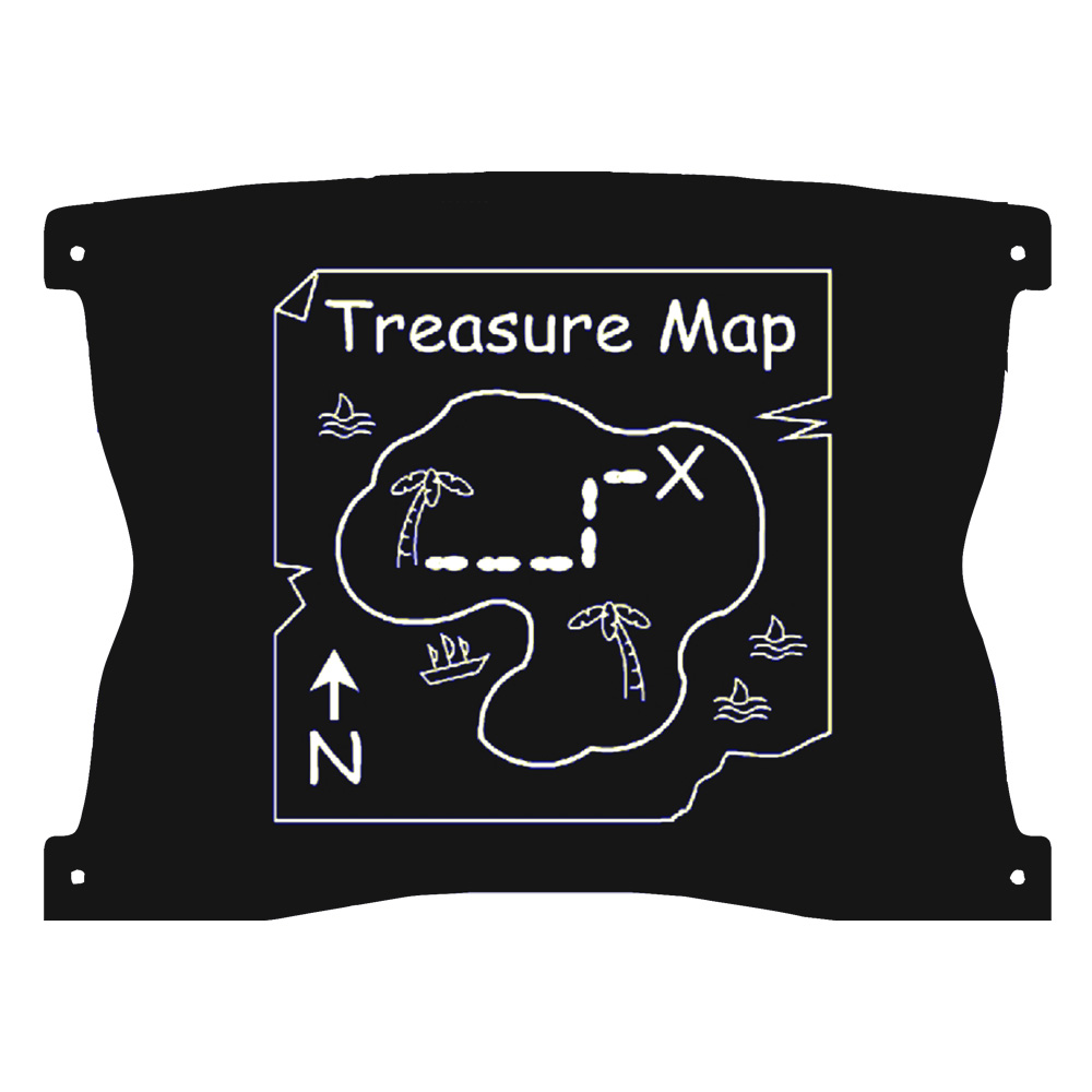 A simple treasure map illustration on a black background, showing an island with palm trees, a dotted path, an “X” mark, a ship, and a north arrow.
