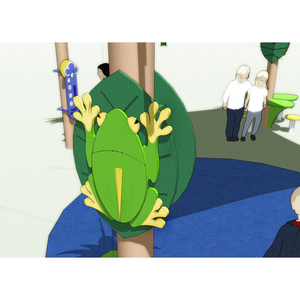 A large green frog sculpture is attached to a tree trunk in a play area, with three children nearby and playground equipment visible in the background.