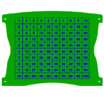 A green and blue chart showing a multiplication table from 1 to 10, with products displayed in a 10 by 10 grid.