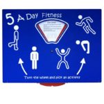 Blue fitness activity board labelled 5 A Day Fitness with white stick-figure illustrations showing different exercises and a wheel to select an activity.