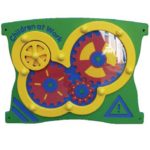 Colourful wall-mounted play panel with interlocking gears and a mirror, labelled Children at Work at the top.