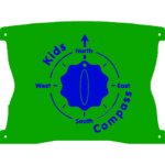 A green panel with a blue compass rose in the centre, labelled Kids Compass, and directions marked as North, South, East, and West.