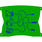 Matching game with drawings of a dog, cat, and rabbit on the left, and the words cat, rabbit, and dog on the right, connected by lines.