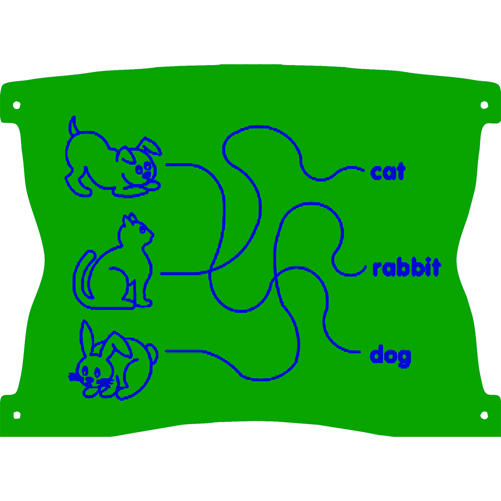 Matching game with drawings of a dog, cat, and rabbit on the left, and the words cat, rabbit, and dog on the right, connected by lines.