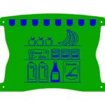 Illustration of grocery items on shelves, including apples, bananas, bread, boxed goods, milk, tomato sauce, and a cereal bowl under a striped awning.