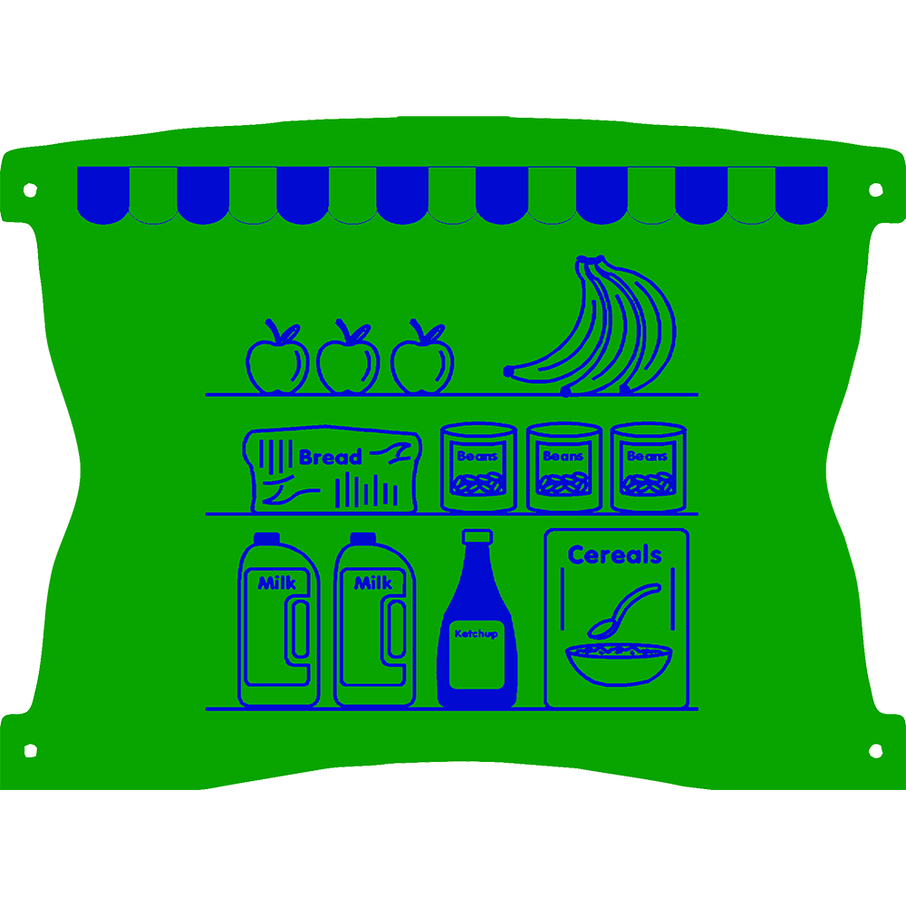 Illustration of grocery items on shelves, including apples, bananas, bread, boxed goods, milk, tomato sauce, and a cereal bowl under a striped awning.