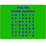 A green square displays a wordsearch puzzle titled Find the hidden numbers, with rows of blue letters concealing number words.