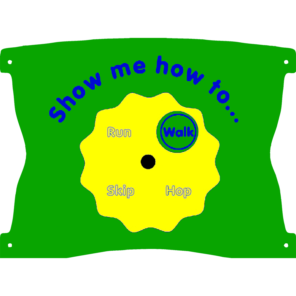 A green and yellow activity board with a spinner labelled Show me how to... and options: Run, Walk (circled), Skip, and Hop.