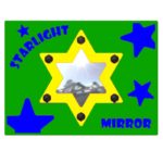 Rectangular green plaque with blue stars, yellow star-shaped mirror in the centre, and the words STARLIGHT MIRROR in blue text.