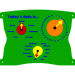 A green board with movable dials and arrows to indicate the day of the week, date, and month, labelled with colourful text and numbers.