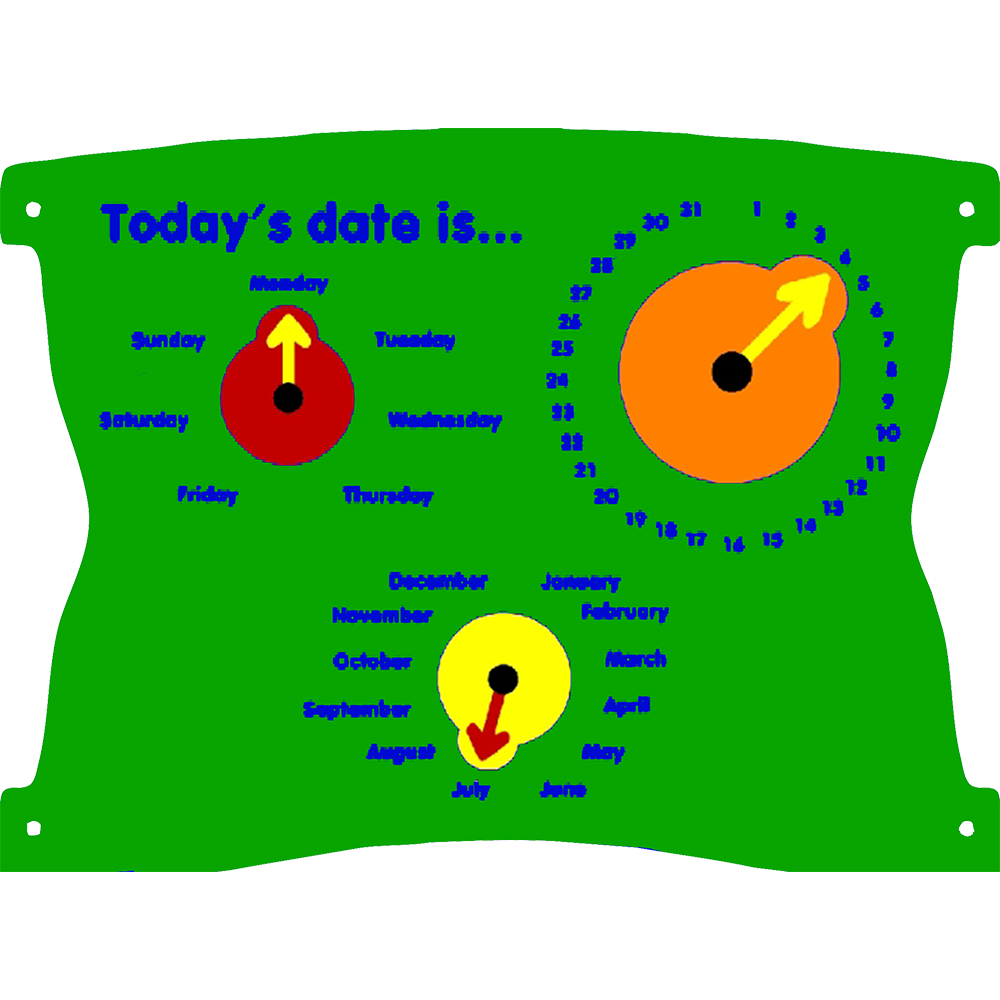 A green board with movable dials and arrows to indicate the day of the week, date, and month, labelled with colourful text and numbers.