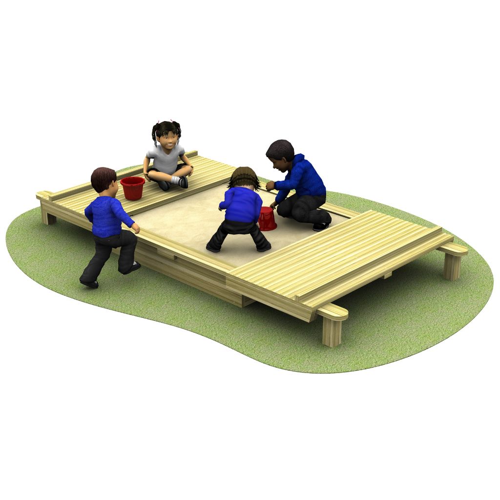 Four children are playing on a raised wooden platform with a sandpit in the centre, using red buckets and wearing blue and grey clothing.