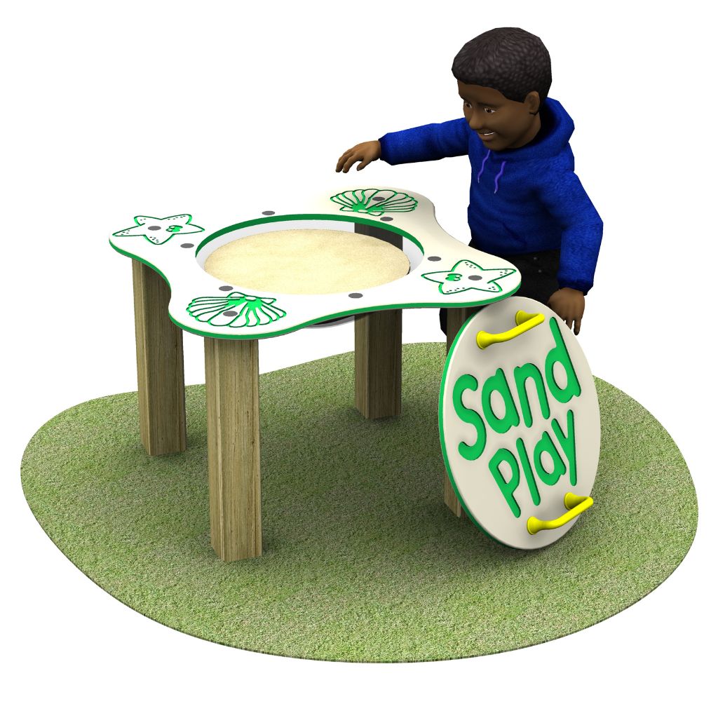 A child in a blue hoodie plays with a sand table labelled Sand Play, which has wooden legs and seashell designs, on a grassy surface.