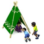 Three children play with a green play tent; one child sits inside whilst the other two kneel and reach into the tent from outside.