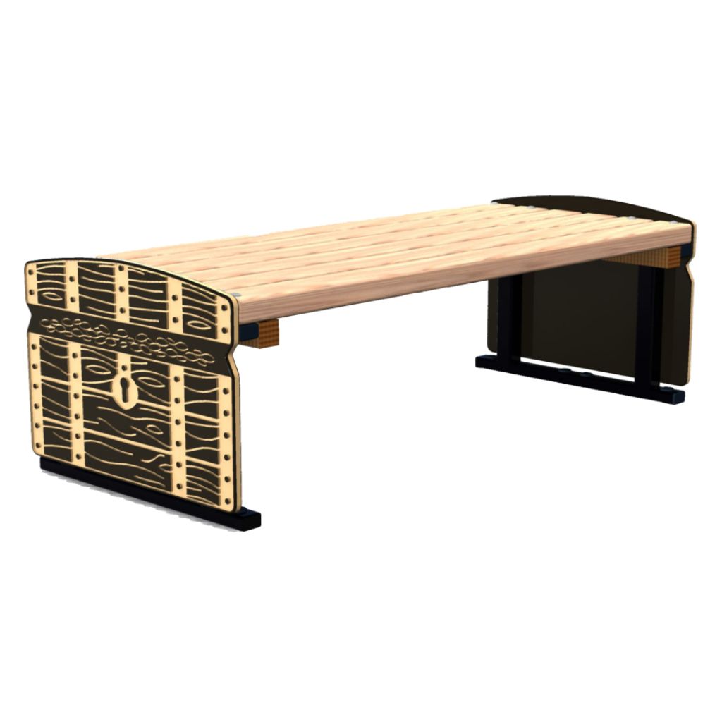 Wooden bench with decorative ends resembling a treasure chest, featuring a flat slatted seat and black side supports.
