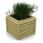 A wooden square planter box with horizontal slats containing green leafy plants.