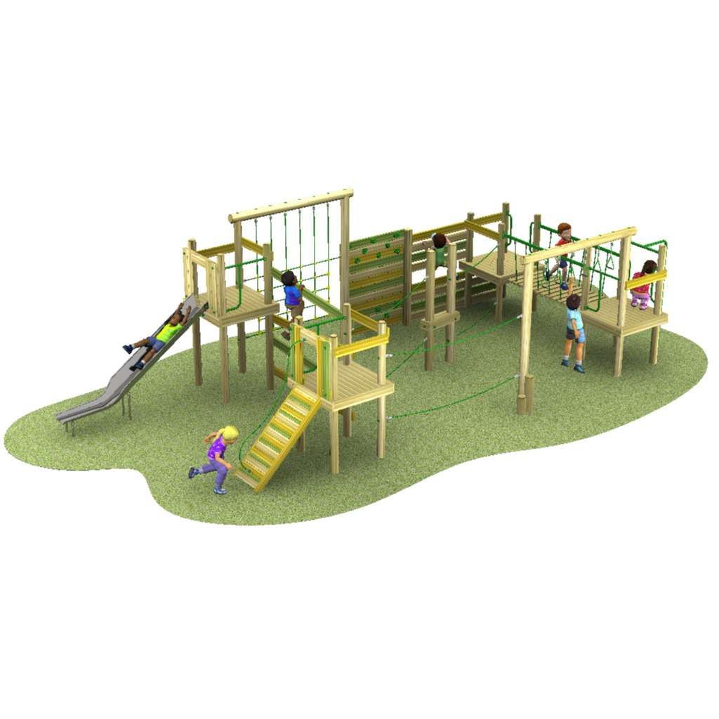 Children play on a large wooden playground structure with slides, ladders, climbing nets, and platforms on a grassy surface.
