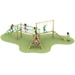 Five children are playing on a wooden outdoor climbing frame with ladders, bars, and platforms in a sunny glade on a patch of grass.