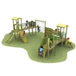 Children are playing on a multi-level playground structure with slides, stairs, climbing frames, and green and yellow roofs on a grassy area.