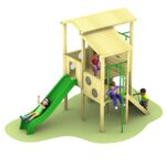 Four children play on a wooden playground structure with a green slide, a rope, and climbing steps on a grassy surface.
