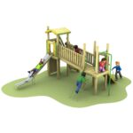 Several children play on a wooden playground structure featuring a slide, climbing ladders, and a platform with a rail, set on a patch of grass.