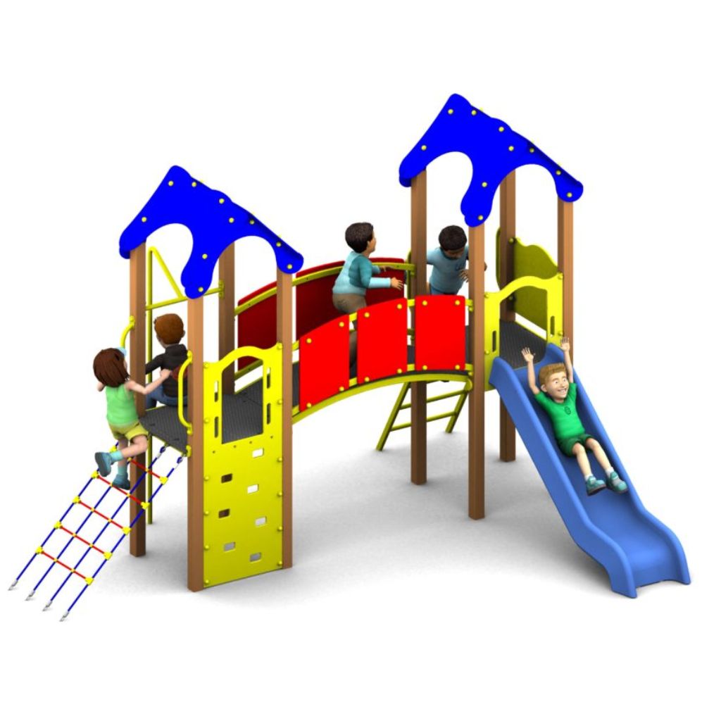 Children play on a colourful playground structure with a slide, climbing net, bridge, and multiple platforms featuring blue roofs.