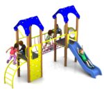 Children play on a Dixie Tower 1200mm with Poly Slide, enjoying yellow climbing bars, a rope bridge, and a blue slide under bright blue canopies.