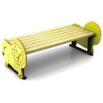 A wooden bench with yellow lion-shaped side panels and a metal frame, designed for children.