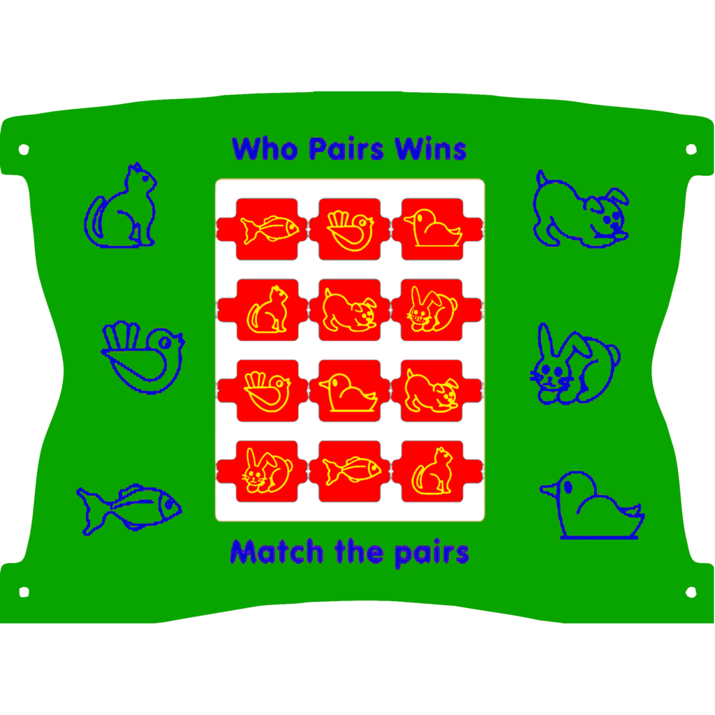 A green game board features a 4x4 red grid of animal images and blue animal outlines around the edges, with the text “Who Pairs Wins” and “Match the pairs”.