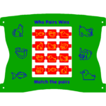 A green game board features a 4x4 red grid of animal images and blue animal outlines around the edges, with the text “Who Pairs Wins” and “Match the pairs”.