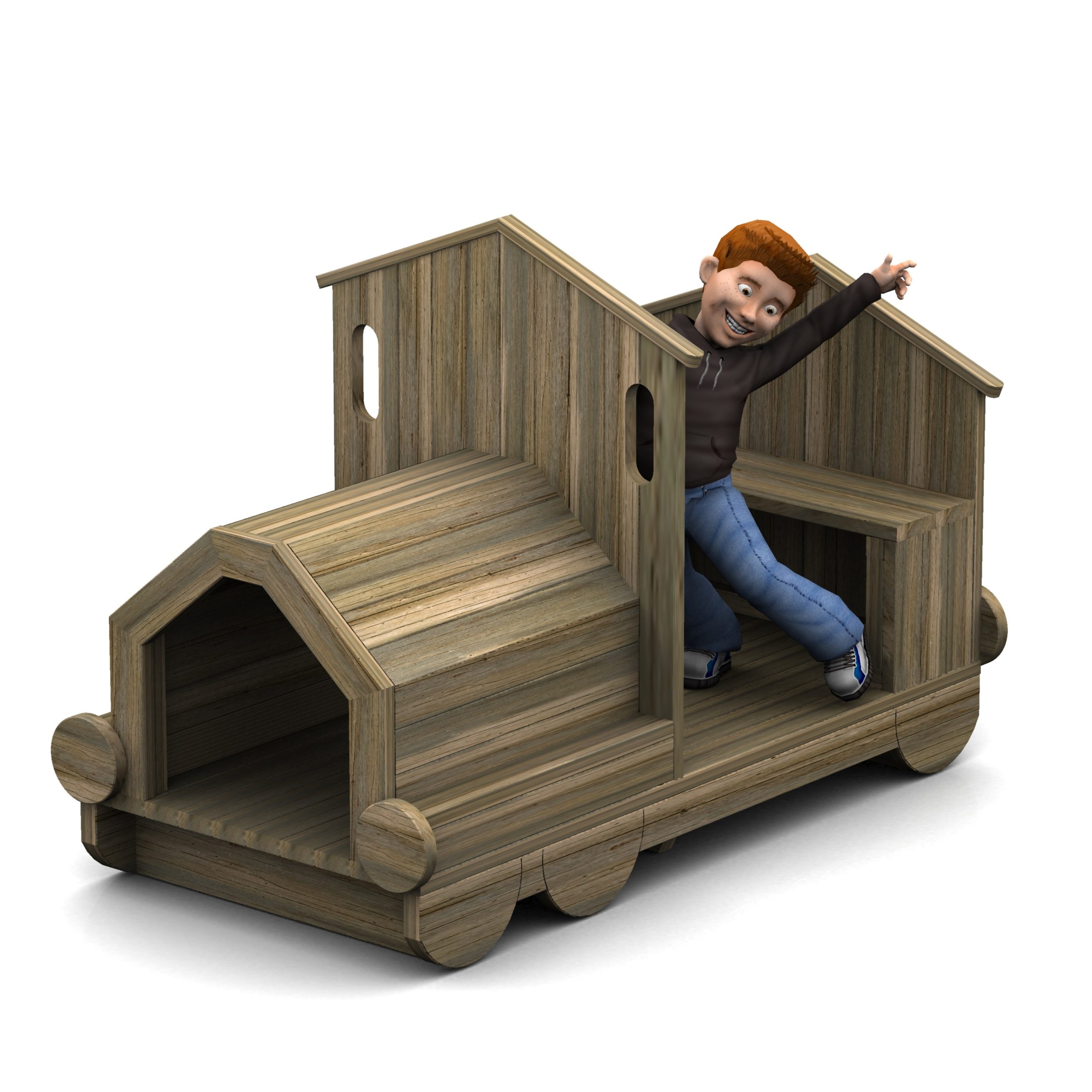 A smiling child in a brown hoodie poses on a wooden, train-shaped play structure with an open cab and cylindrical wheels.
