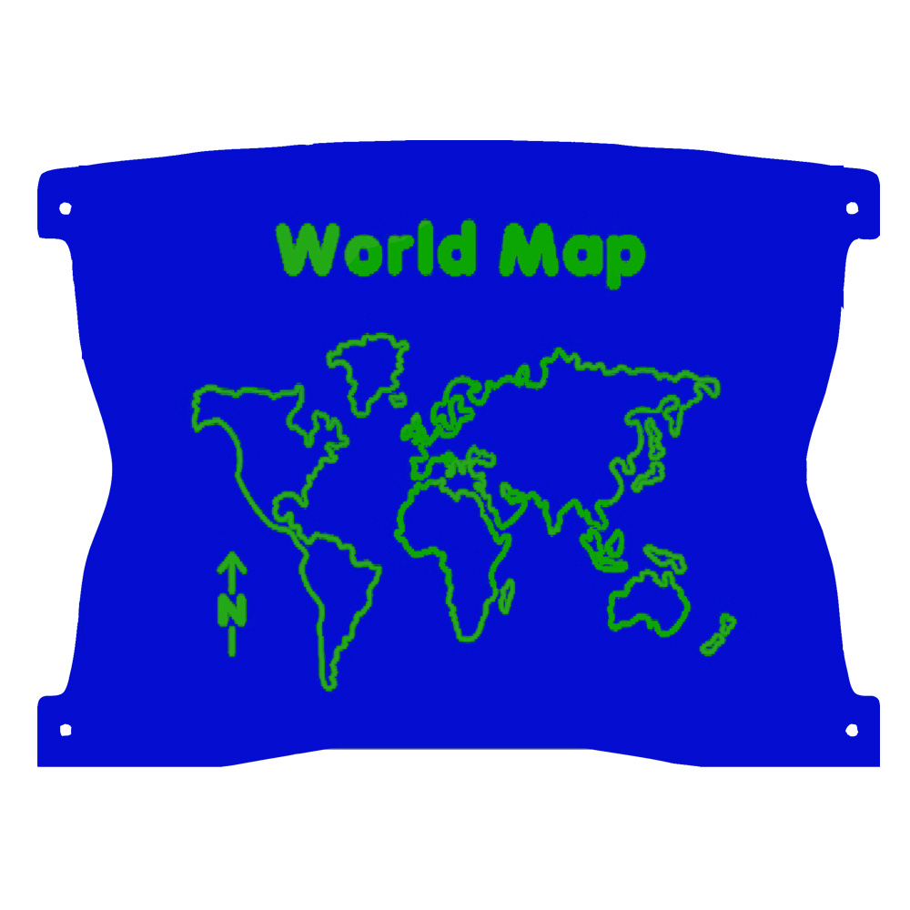 A blue stencil with green outlines of a world map, labelled World Map at the top, with a north arrow on the left side.