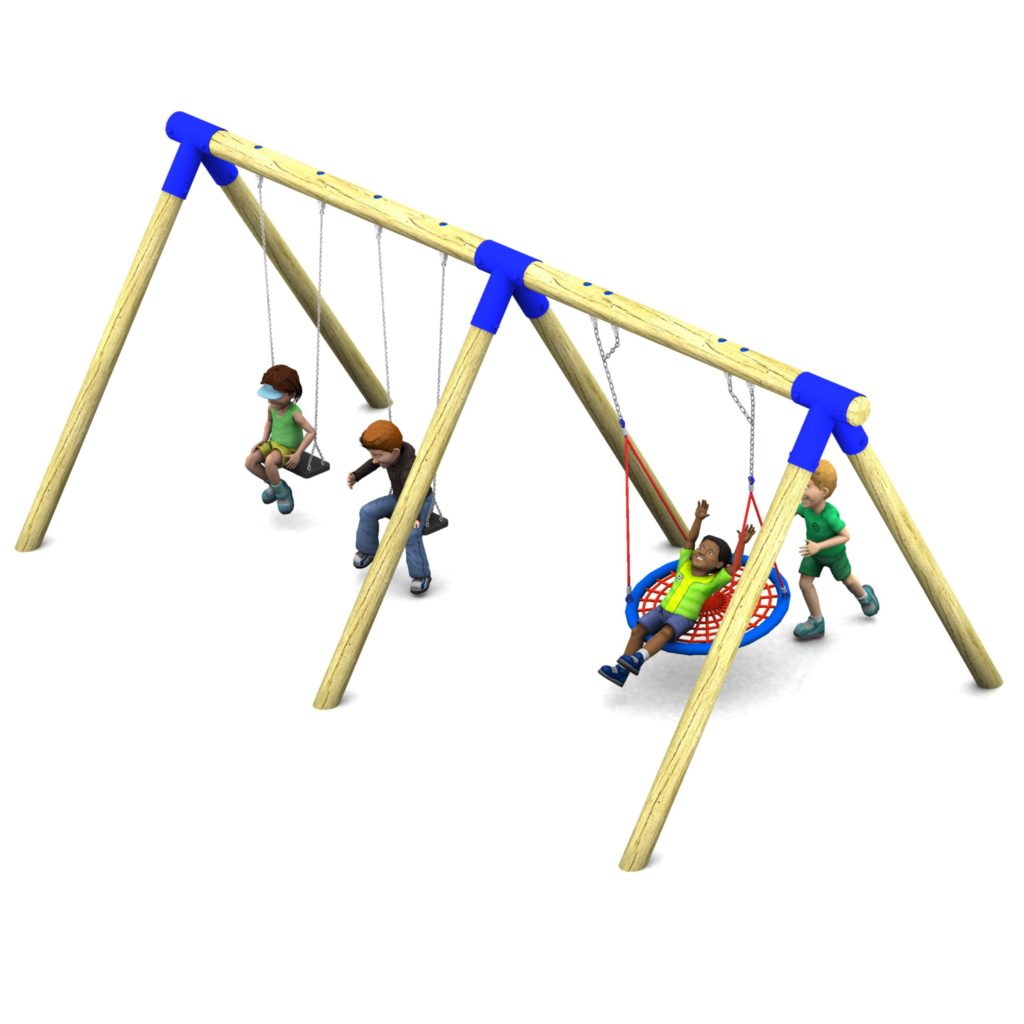 Four children are playing on a wooden swing set; two are on standard swings, while two are sharing a circular net swing.