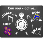 A game panel with the text Can you – active... and illustrations for jump, hop, run, and skip around a central button.
