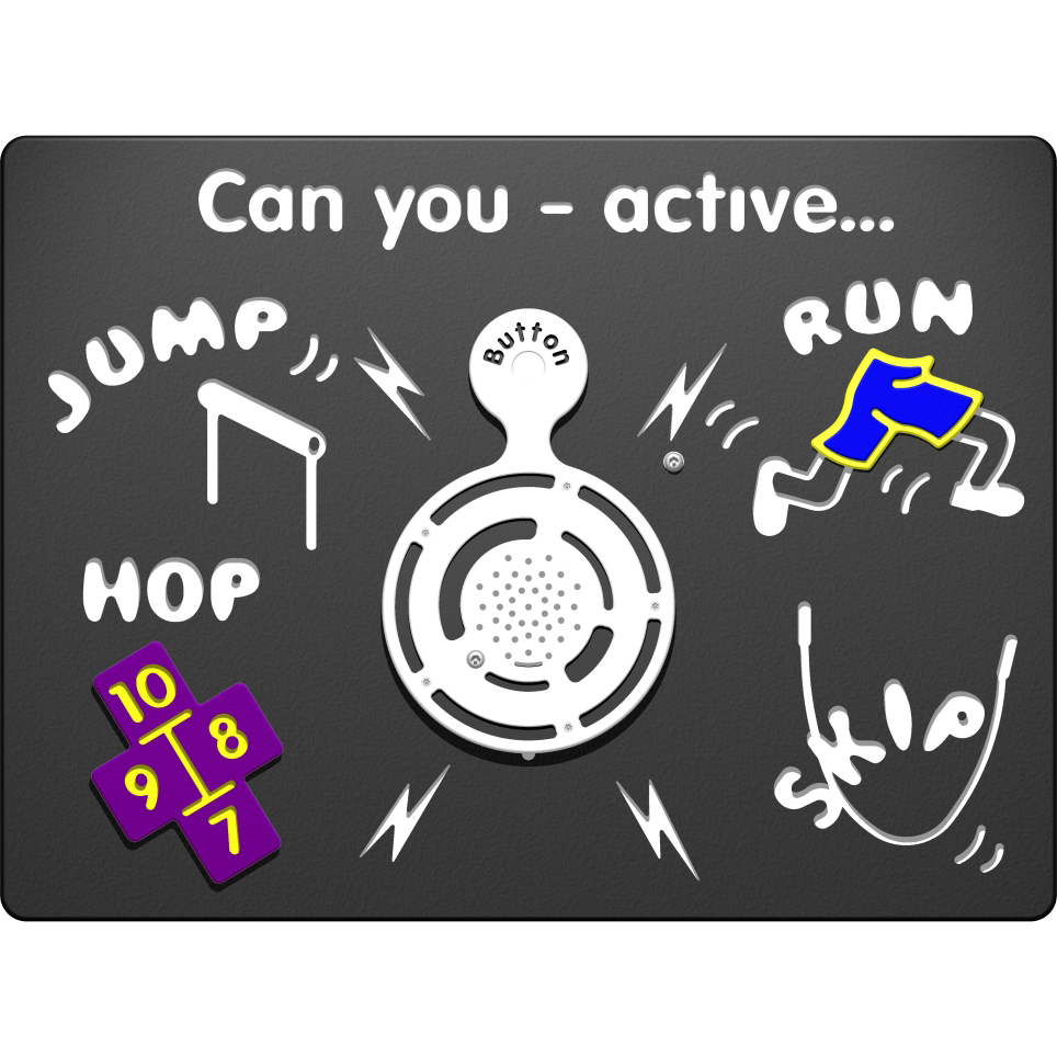 A game panel with the text Can you – active... and illustrations for jump, hop, run, and skip around a central button.