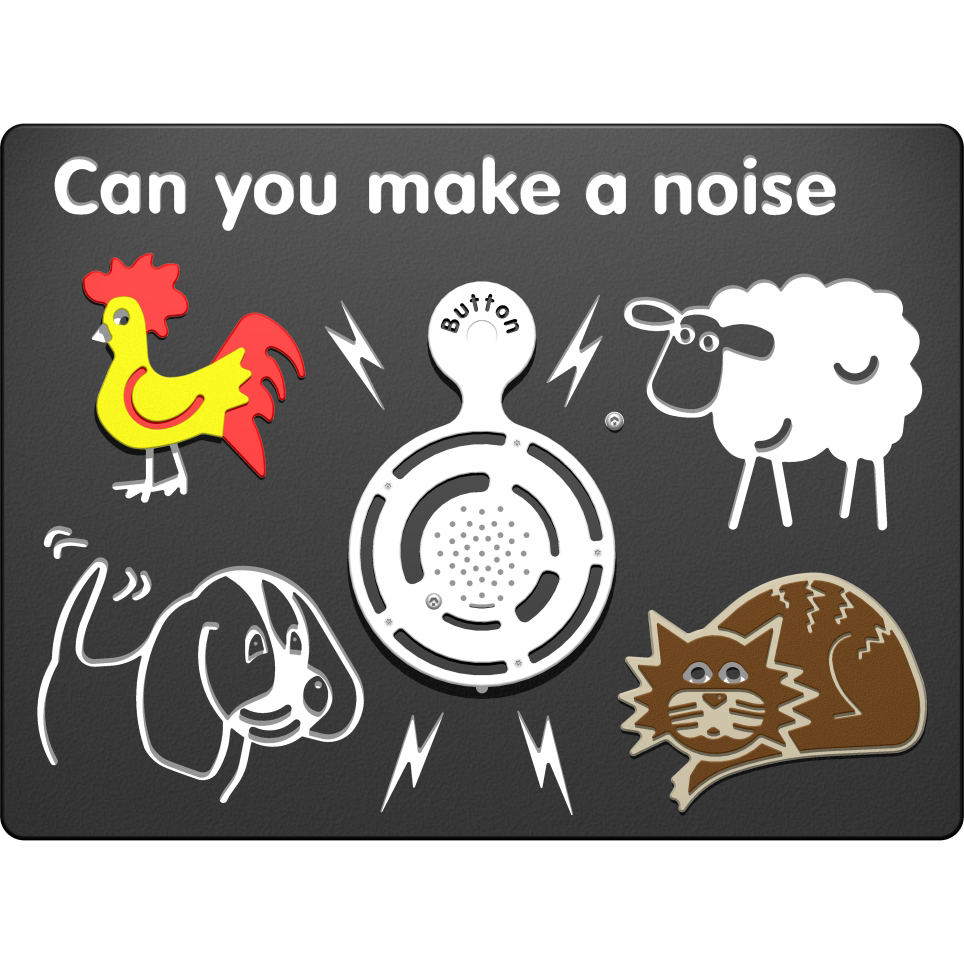 Illustration with a chicken, sheep, dog, and cat around a button labelled Button, with the text Can you make a noise at the top and sound lines emanating from the button.