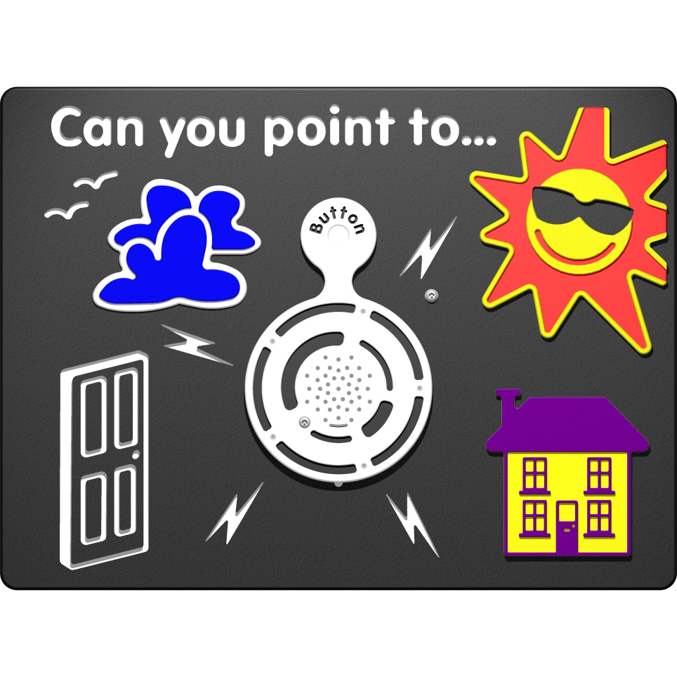 Educational board showing images of clouds, a sun with sunglasses, a door, and a house, with a central button and the text Can you point to... at the top.