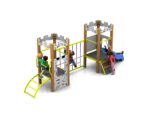 Children are playing on a playground structure with climbing walls, ladders, and slides, including the Guinevere Tower 600mm with Poly Slide, featuring two tower platforms connected by bridges.