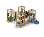 A castle-themed Excalibur Tower 600mm playground structure with a poly slide, climbing nets, and children playing on various sections.