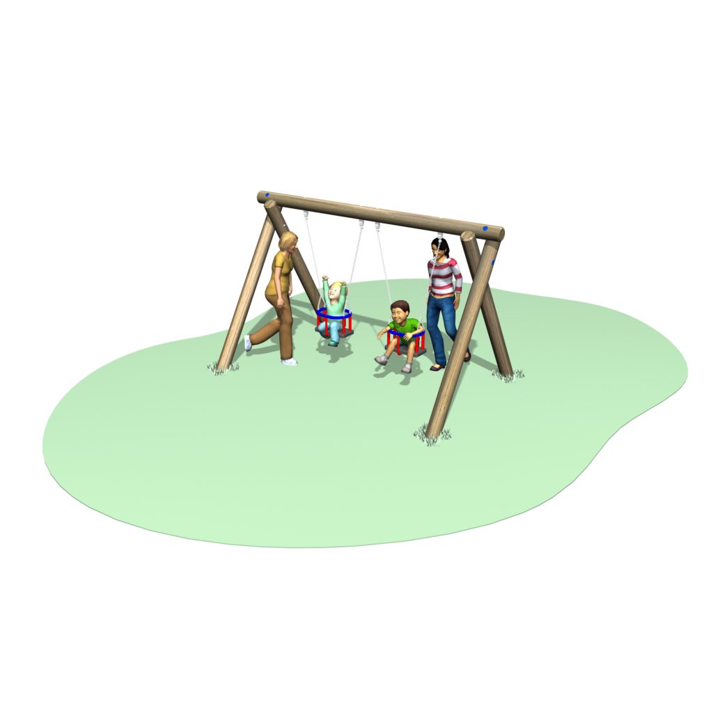 Two adults push two children on swings in a playground with a wooden swing set and a grassy area.