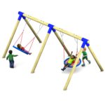 Three children are playing on a playground swing set with two swings; one child pushes another on a round swing whilst a third child swings nearby.