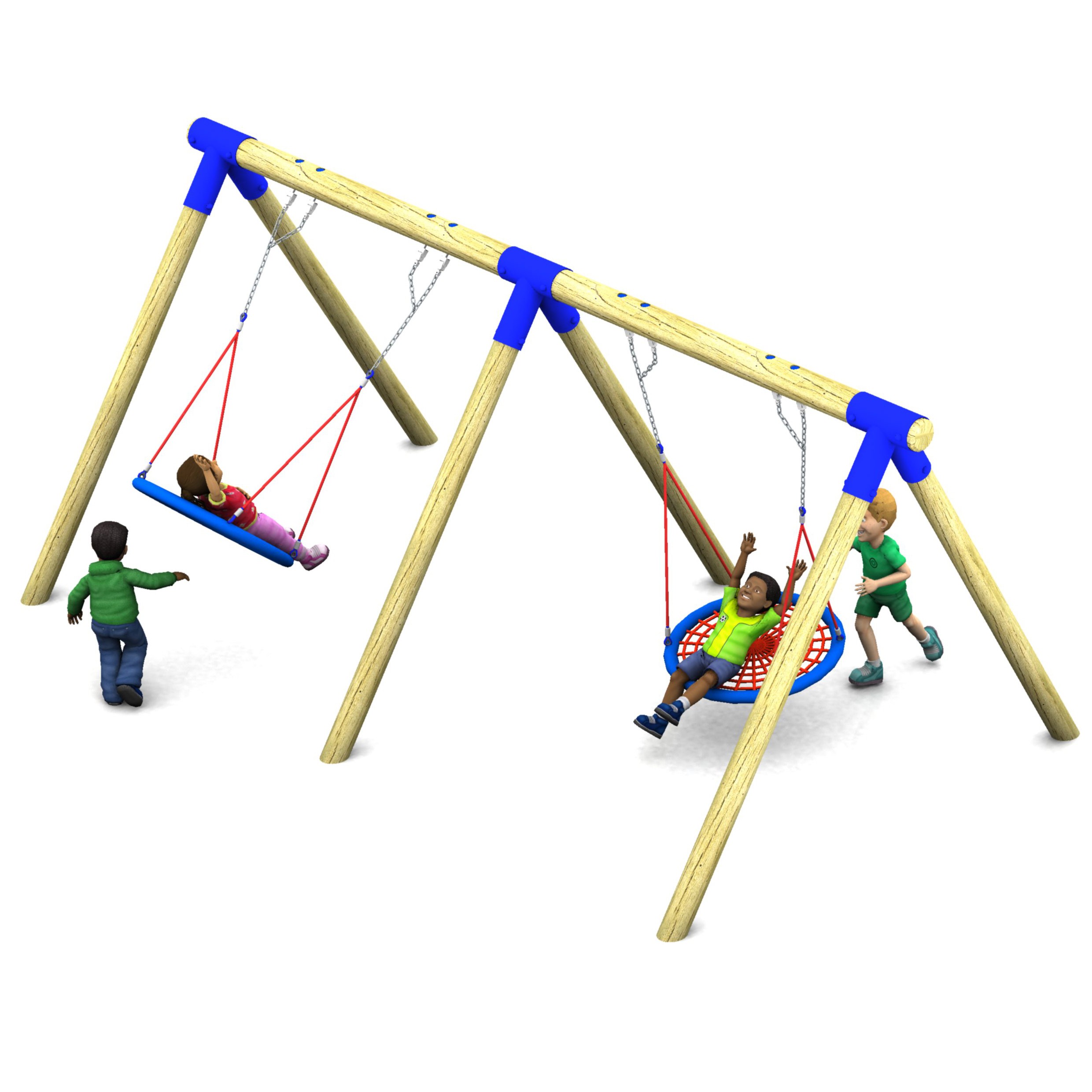 Three children are playing on a playground swing set with two swings; one child pushes another on a round swing whilst a third child swings nearby.