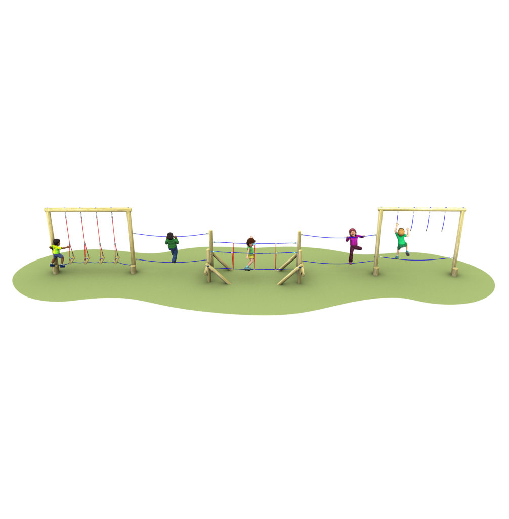 Children playing on a wooden playground structure with ropes and platforms, set on a patch of green ground.