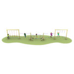 Children playing on a wooden playground structure with ropes and platforms, set on a patch of green ground.