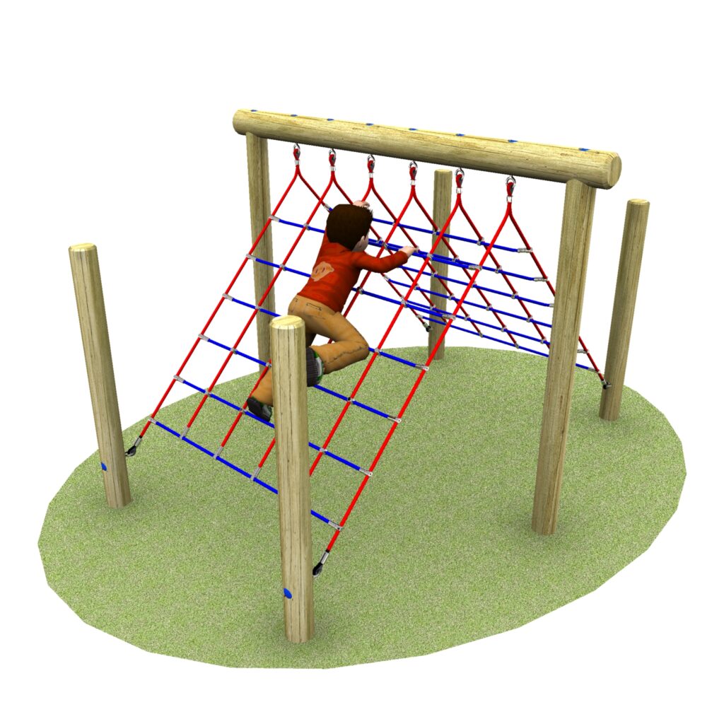 A child climbs a slanted rope net structure with wooden posts on a grassy surface.