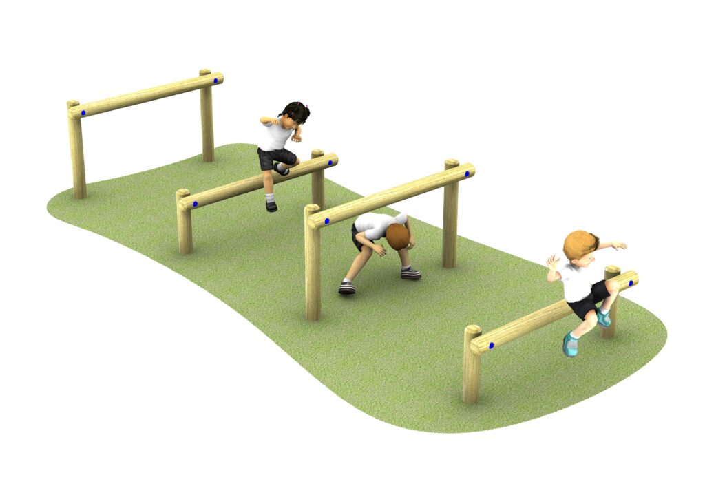 3 children using our wooden balance beams are positioned in a staggered arrangement on a green, irregularly shaped surface.