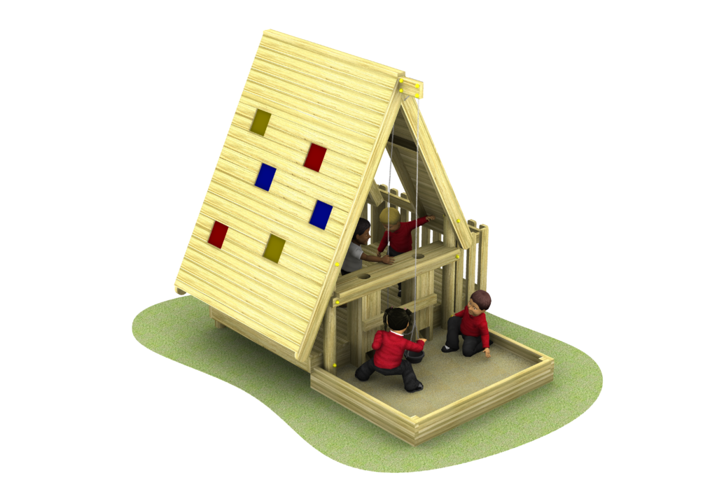 A wooden A-frame Sandy Lodge playhouse with coloured square accents, featuring three children playing inside and outside on a patch of grass.