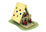 A wooden A-frame Sandy Lodge playhouse with coloured square accents, featuring three children playing inside and outside on a patch of grass.